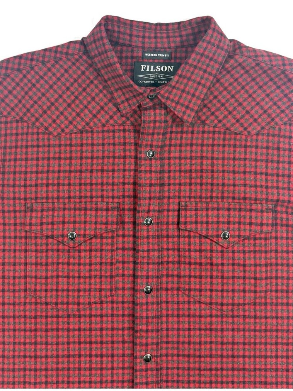 CC Filson Mens Western Trim Fit Shirt Pearl Snap Sz Small Black Red Flannel